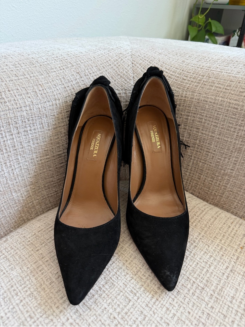 Aquazzura Black Suede Pointed Toe Heels with Bow Detail